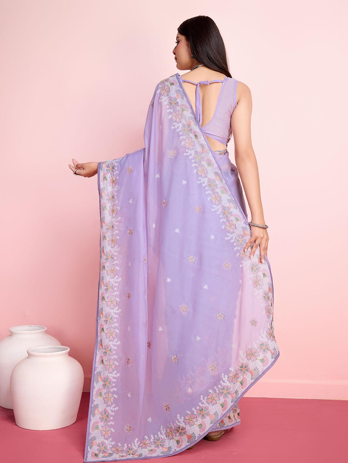 lavender organza embroidered saree with blouse - 21257540 - Standard Image - 3