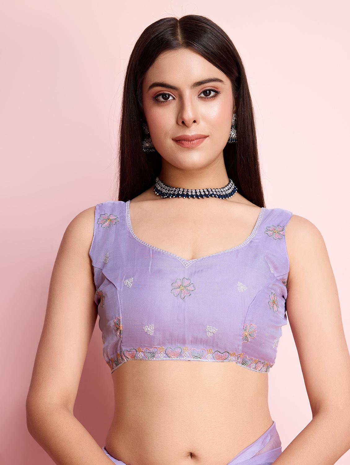lavender organza embroidered saree with blouse - 21257540 - Standard Image - 5