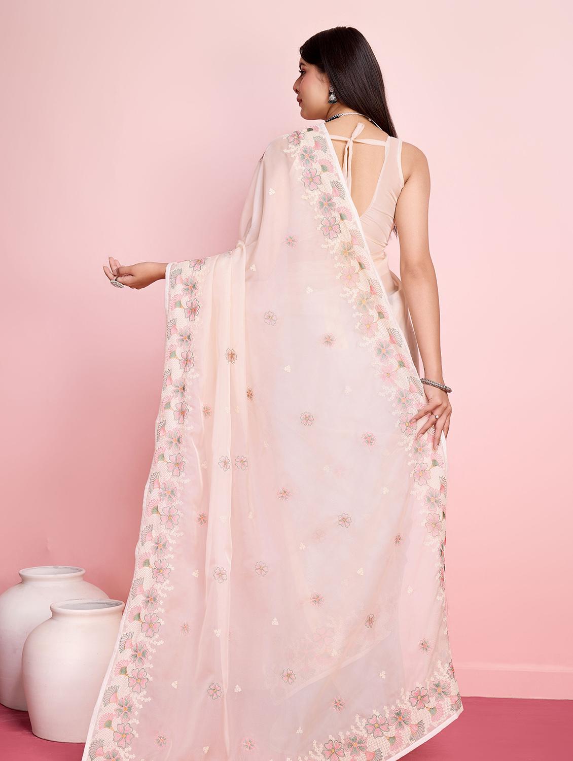 off white organza embroidered saree with blouse - 21257541 - Standard Image - 3