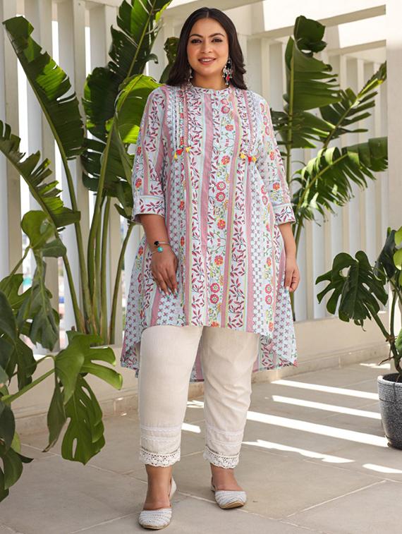 women three quarter sleeve high-low kurta - 21259512 - Standard Image - 3