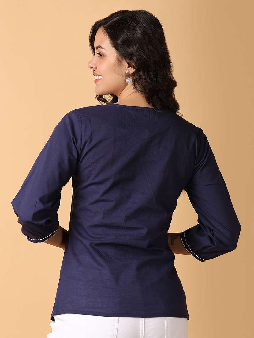 women navy blue cotton regular top - 21260548 -  Standard Image - 3