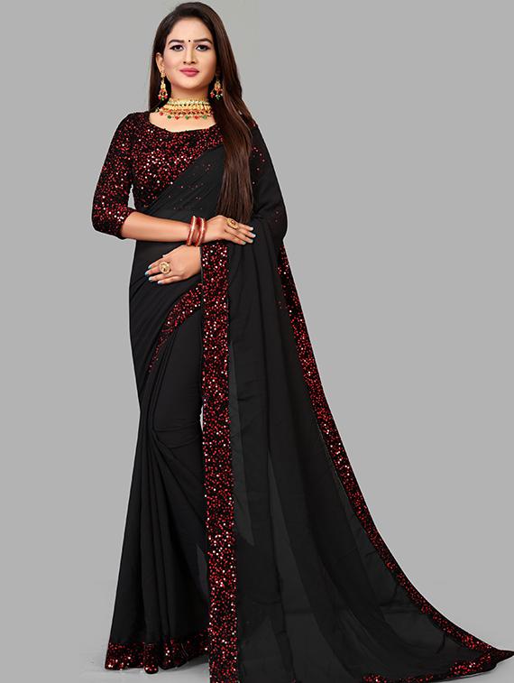 women black solid lace work saree - 21270592 - Zoom Image - 0
