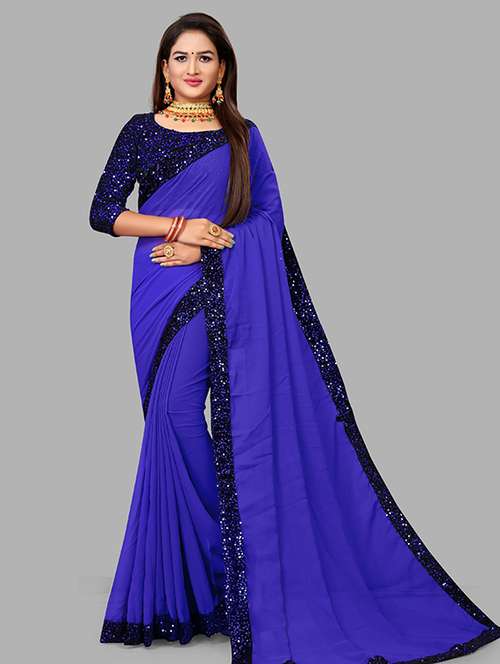 women solid lace work georgette saree with blouse - 21270593 - Standard Image - 0