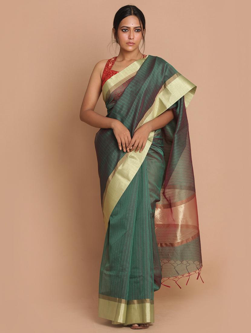 green poly blend banarasi saree with blouse - 21271442 - Zoom Image - 0