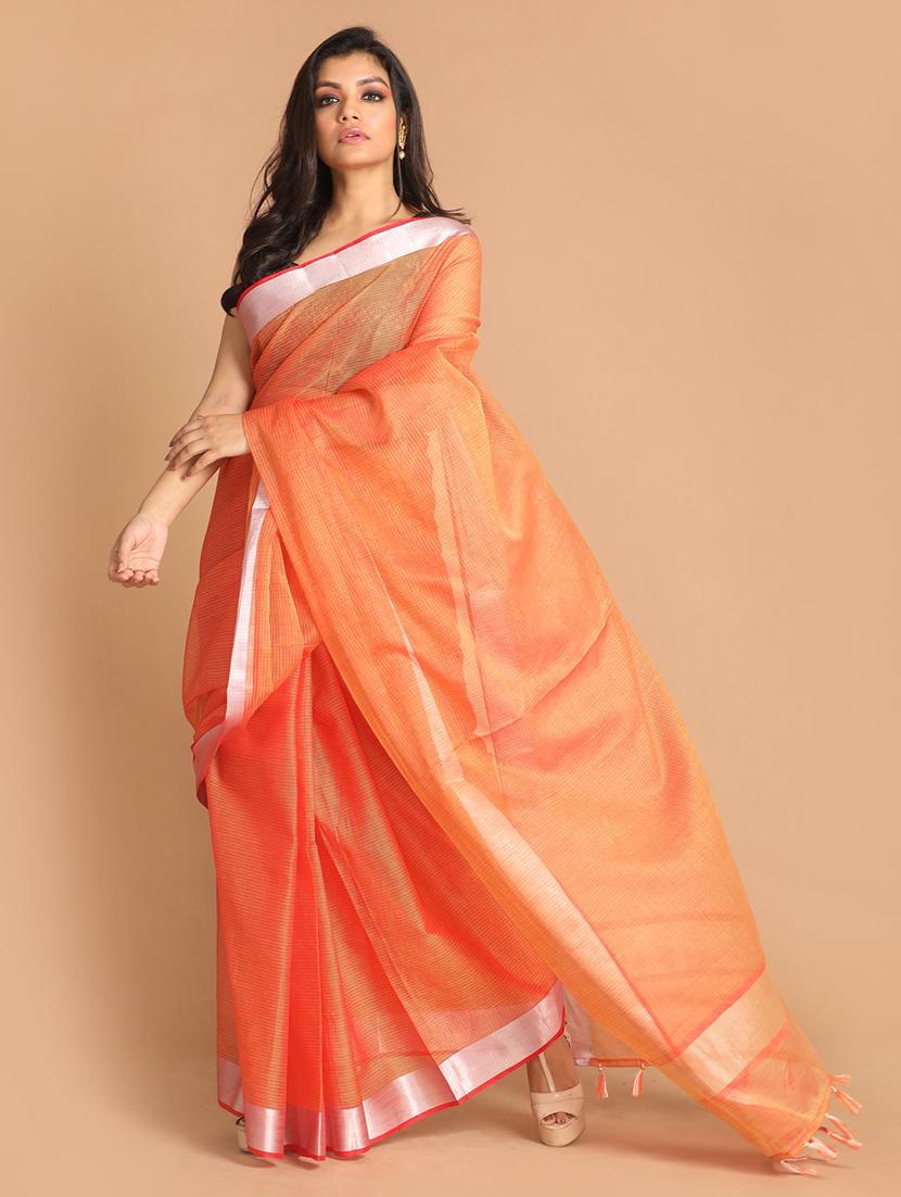 rust silk blend kota doria saree with blouse - 21271597 -  Zoom Image - 0