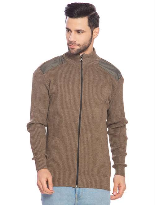 men brown self design cardigans - 21275140 - Standard Image - 0