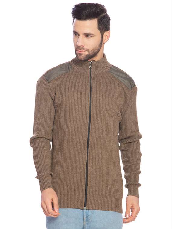 men brown self design cardigans