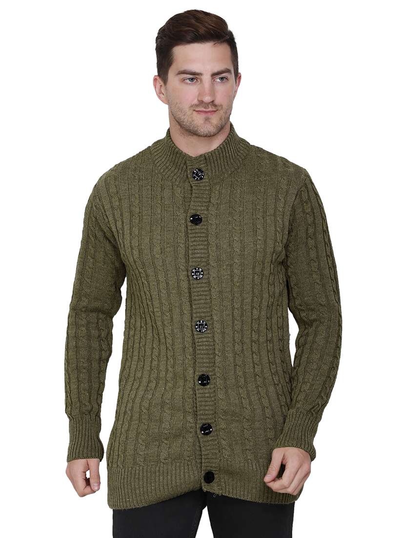 men olive self design cardigans