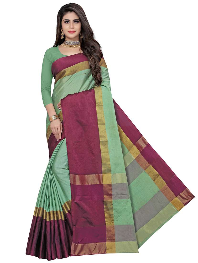 women green solid bordered saree with blouse
