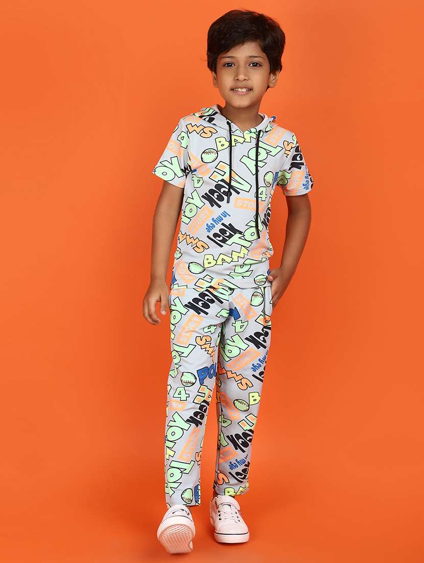 boys round neck printed full length set