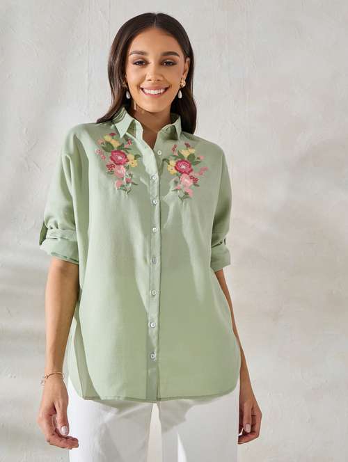 women green spread collar oversized shirt - 21275987 -  Standard Image - 0