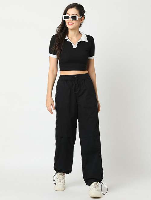 globus women black washed cargo with contrast piping and adjustable toggle - 21276136 - Standard Image - 0