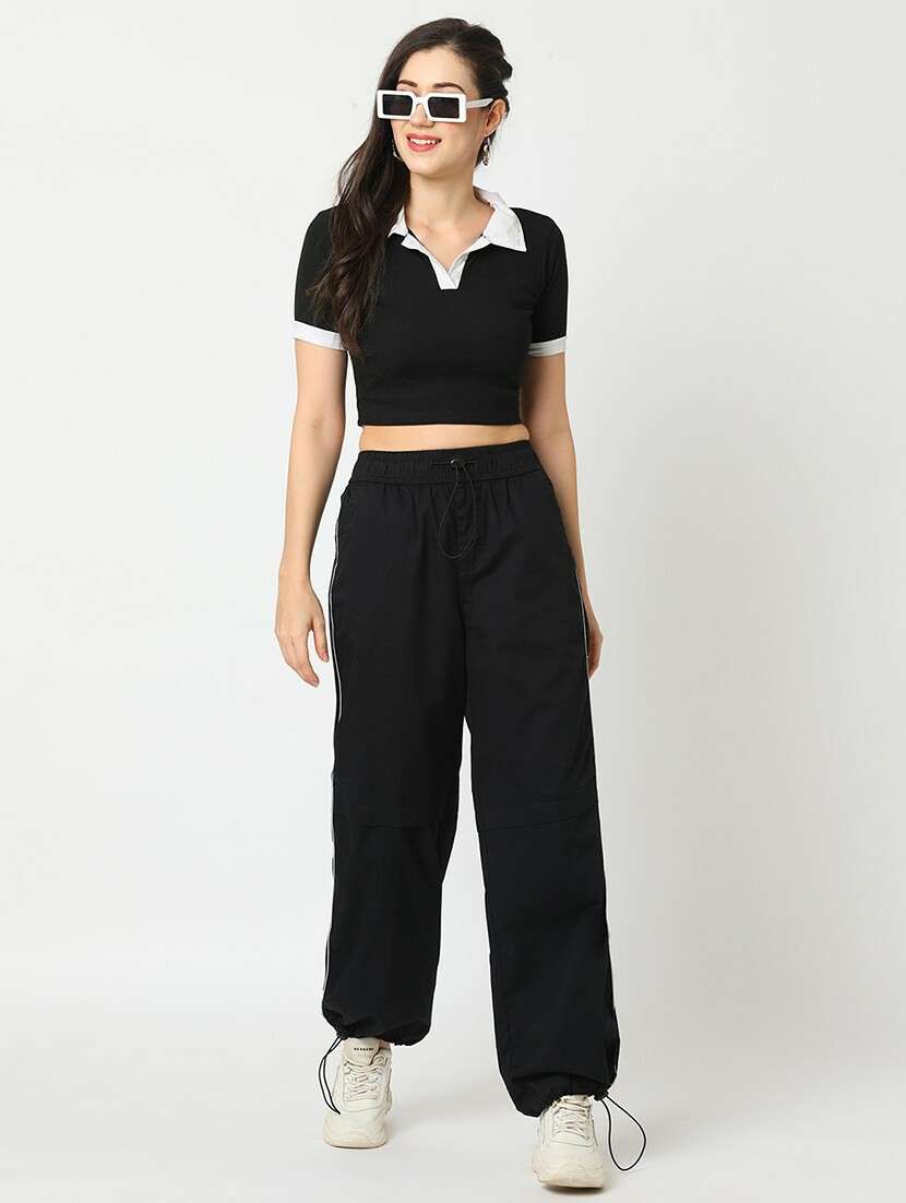 globus women black washed cargo with contrast piping and adjustable toggle - 21276136 - Zoom Image - 0