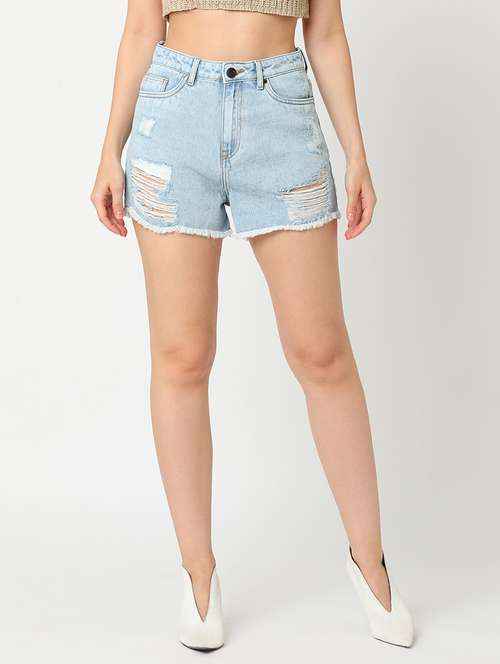 globus women light blue mid rise washed distressed denim shorts - 21276141 -  Standard Image - 0