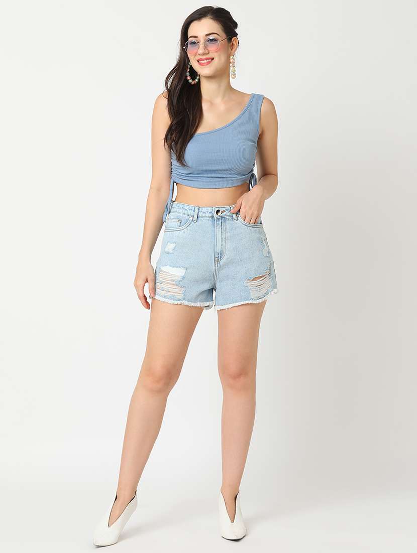 globus women light blue mid rise washed distressed denim shorts - 21276141 -  Standard Image - 3
