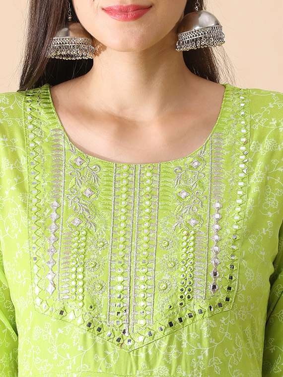 globus women green floral printed anarkali festive kurta with narrow pant & dupatta set - 21276150 -  Standard Image - 3