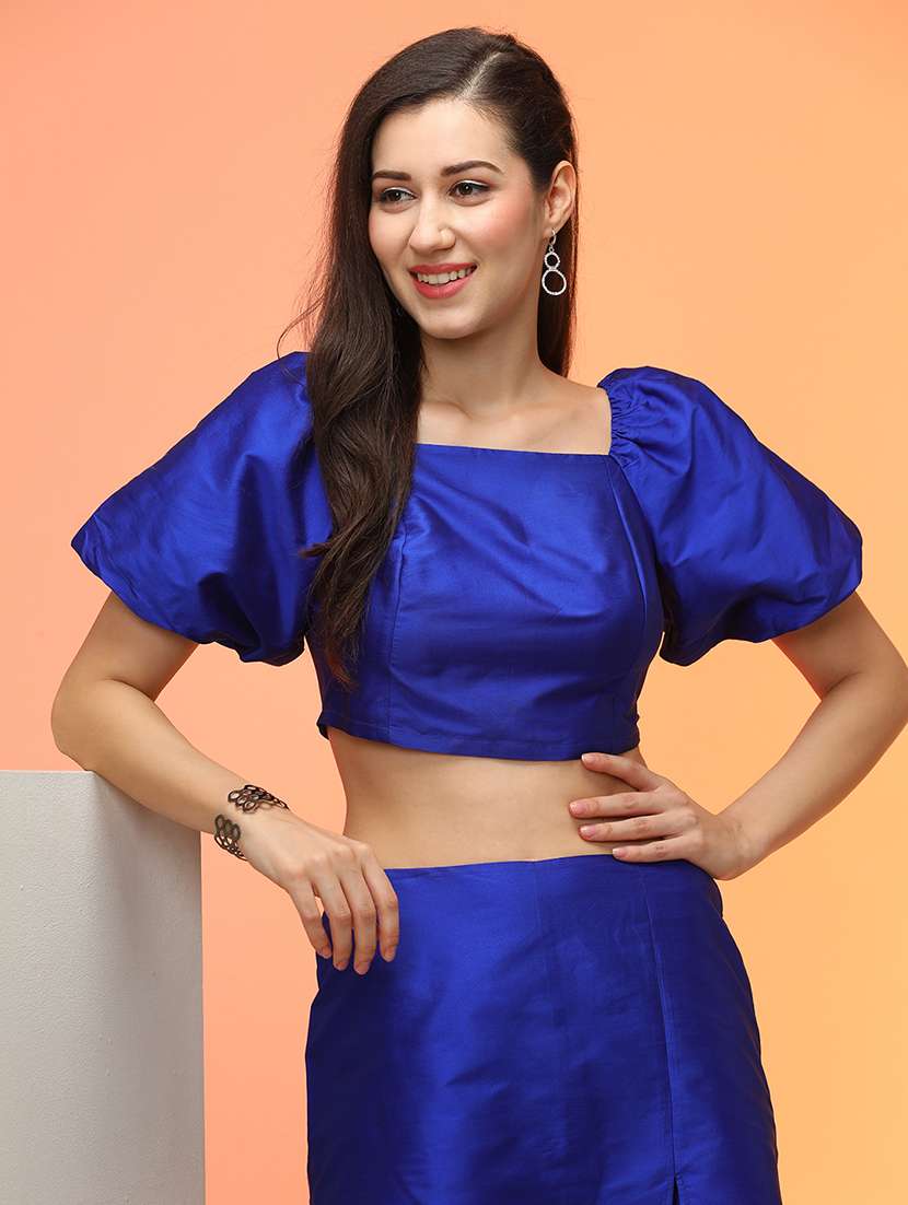 globus women blue balloon sleeve crop top with mini skorts party co-ord set - 21276156 -  Standard Image - 3