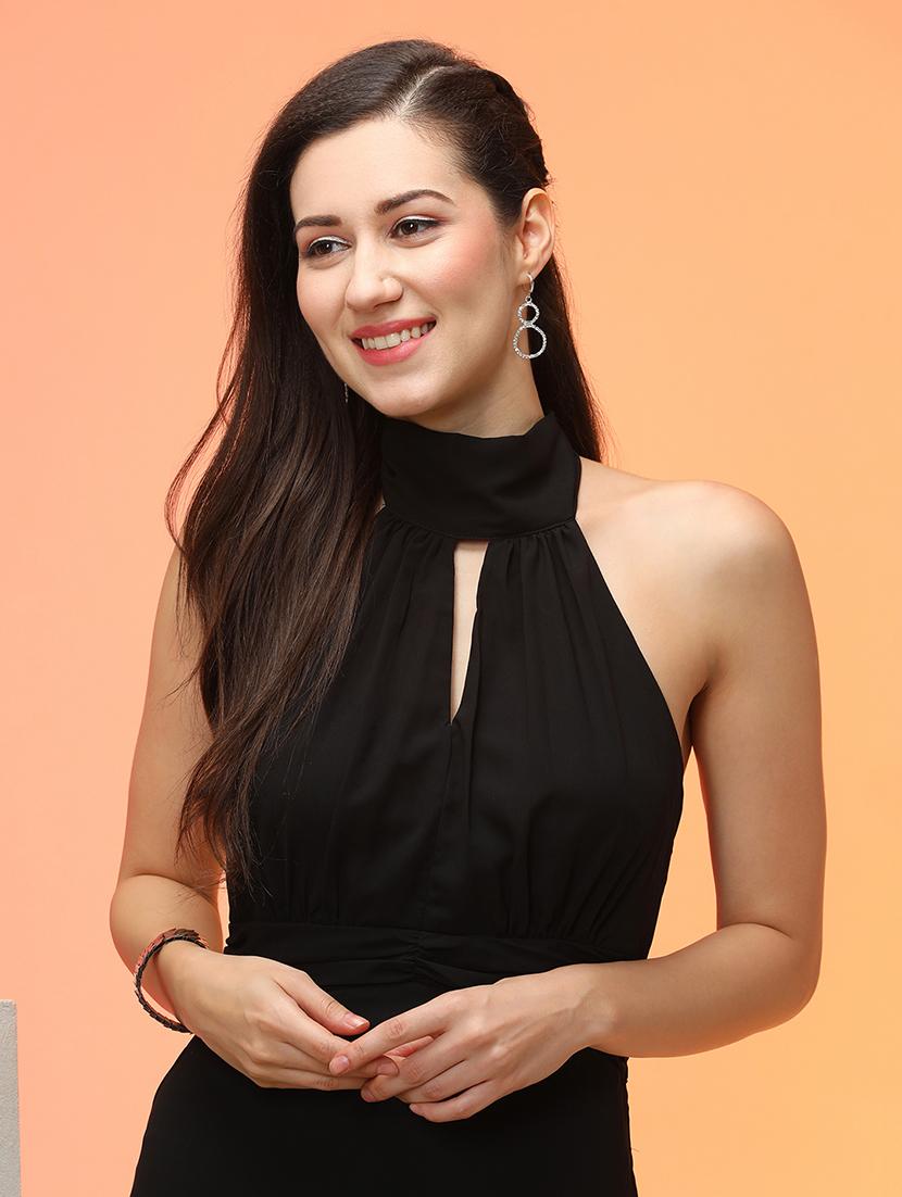 globus women black halter neck tie-up back fit & flare maxi dress - 21276175 - Standard Image - 3