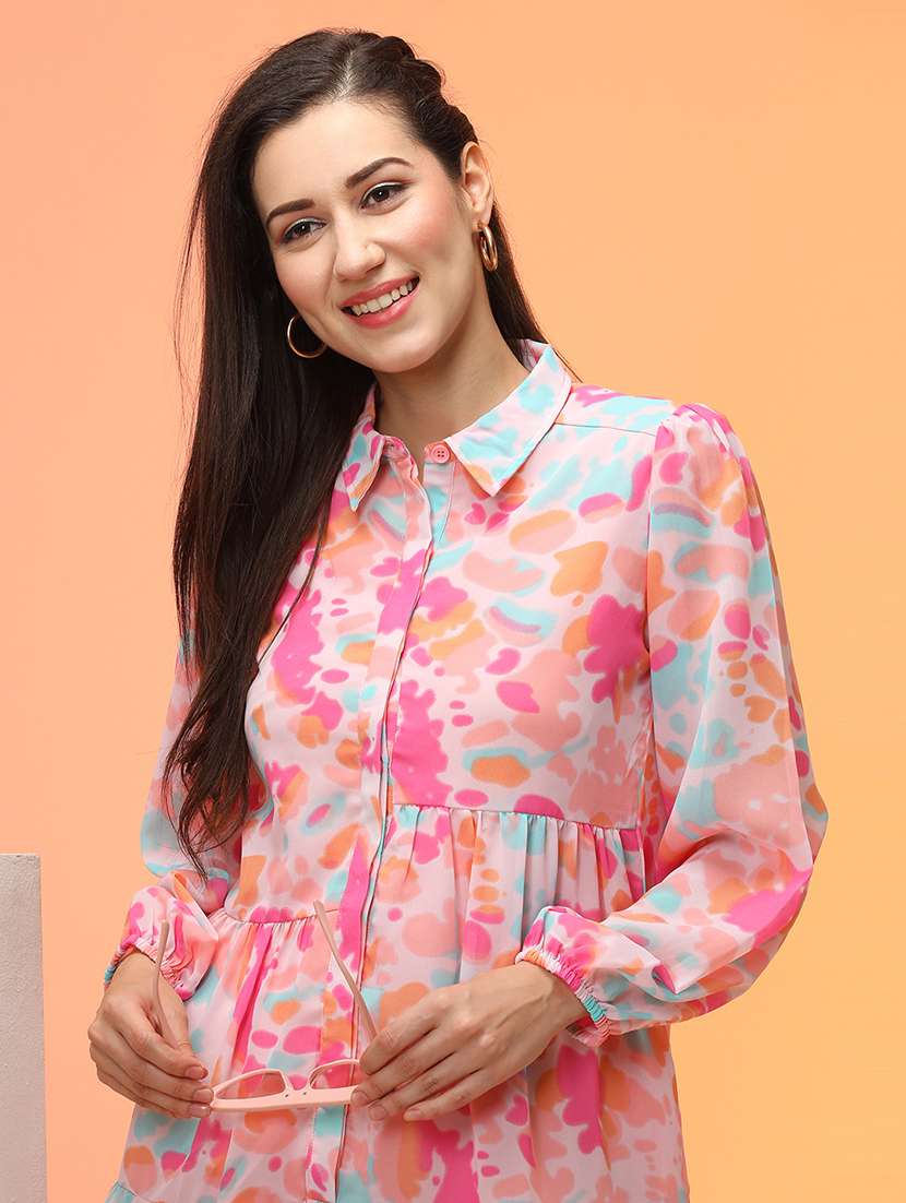globus women pink abstract printed shirt collar bishop sleeves gathered a-line workwear dress - 21276180 - Standard Image - 3