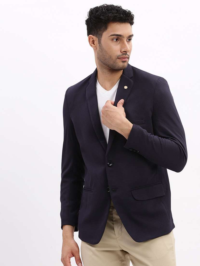 men's solid notched lapel navy blue single breasted blazer
