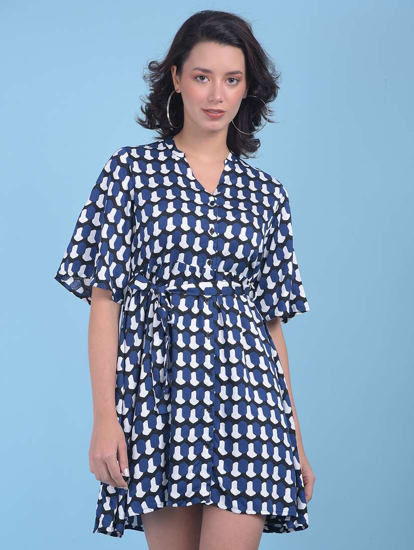 women short sleeves geometric printed wrap dress 