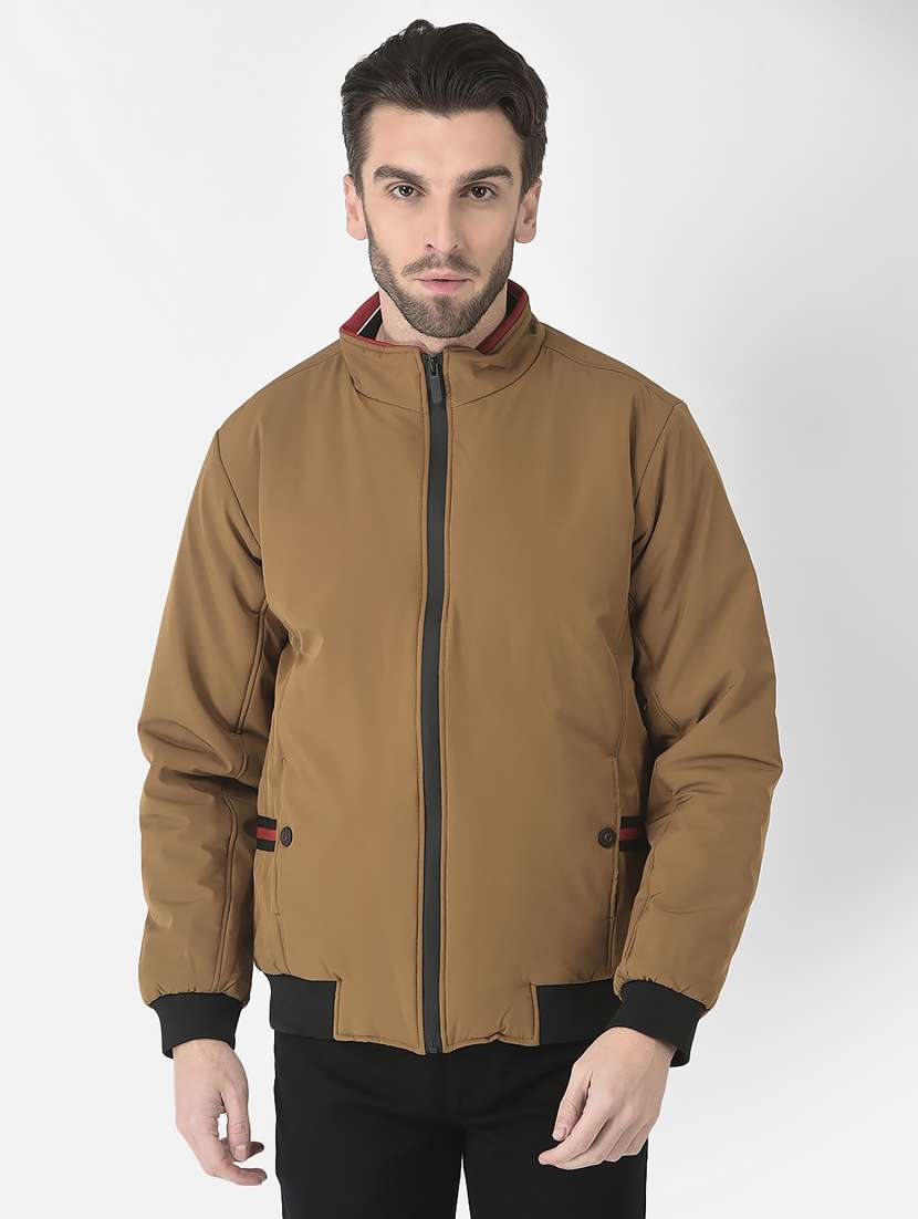 men beige solids long sleeve bomber jacket
