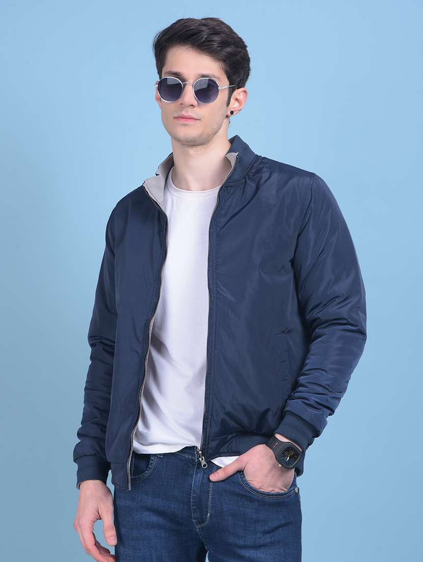 navy blue polyester casual jacket