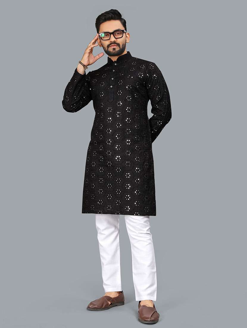 men mirror work mandarin neck long kurta