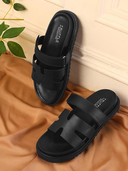 black pu slides flip flops - 21278259 -  Standard Image - 0