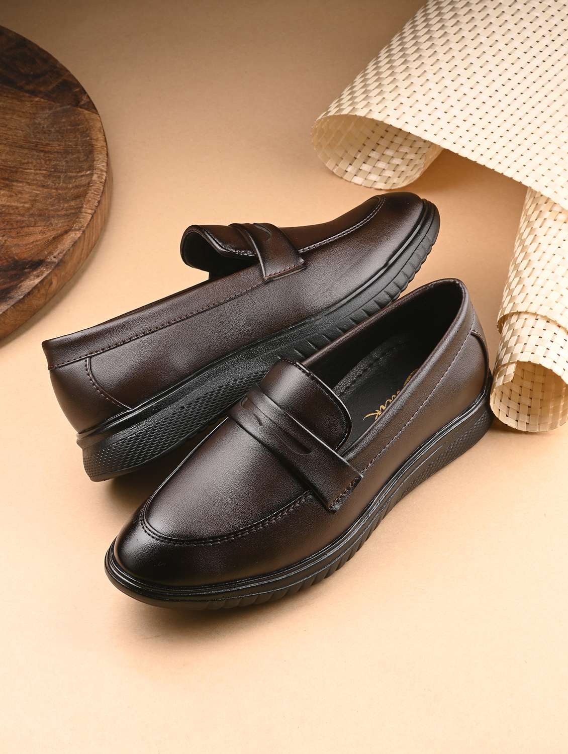 brown synthetic slip on loafers