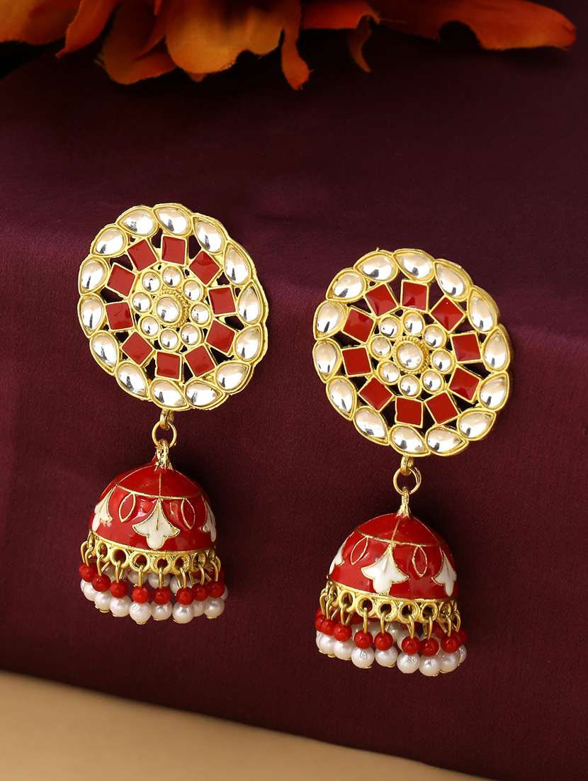 red & gold brass jhumka earrings