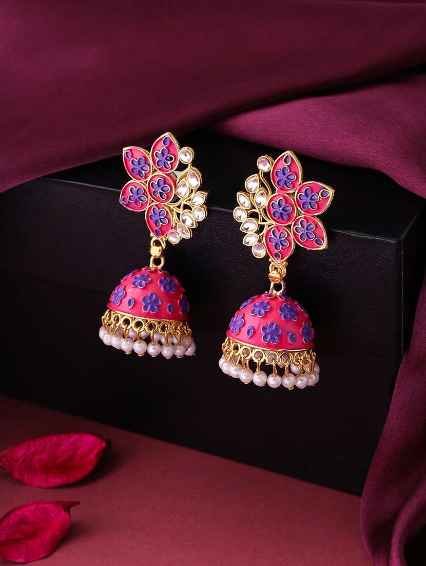 pink brass jhumka earrings