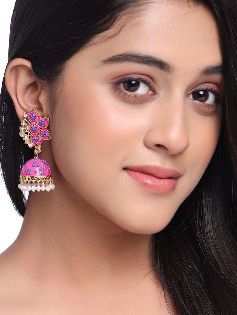 pink brass jhumka earrings - 21279391 -  Standard Image - 3