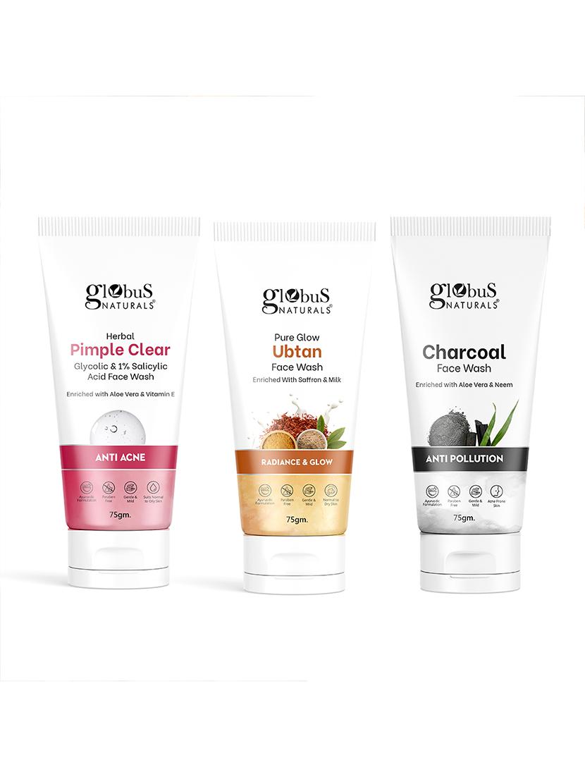 globus naturals face wash combo - set of 3, glycolic & 1% salicylic acid face wash, charcoal face wash & ubtan face wash, 225 gm - 21281721 - Zoom Image - 0