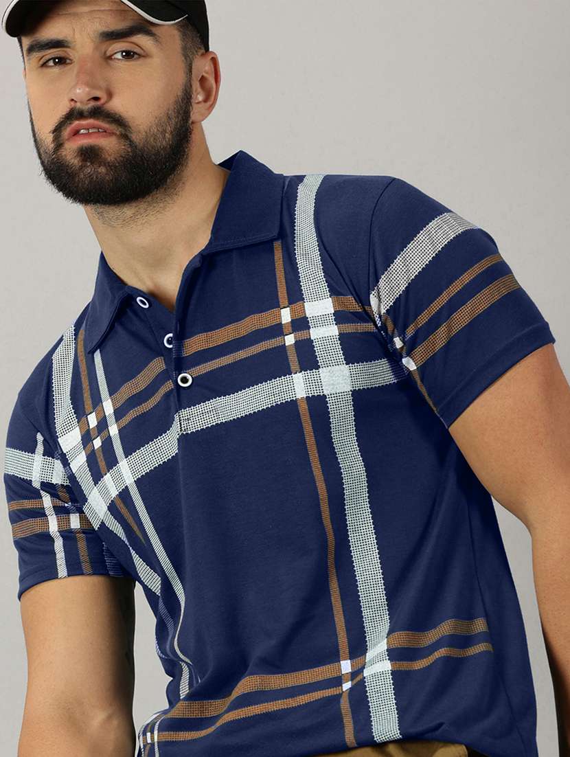 men blue checkered regular fit t-shirt
