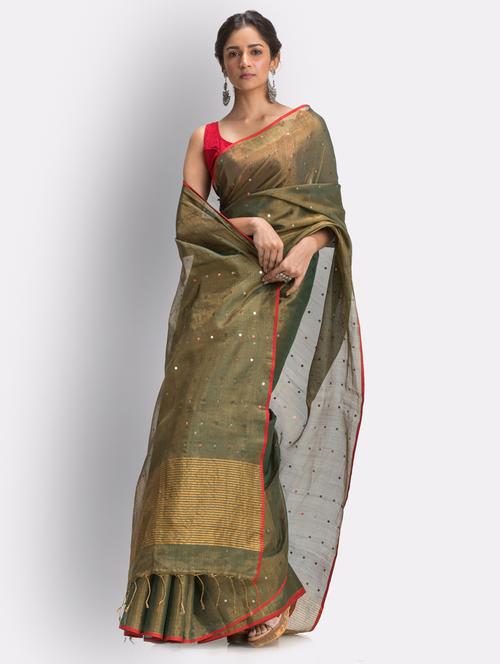 olive cotton handloom saree with blouse - 21283693 - Standard Image - 0