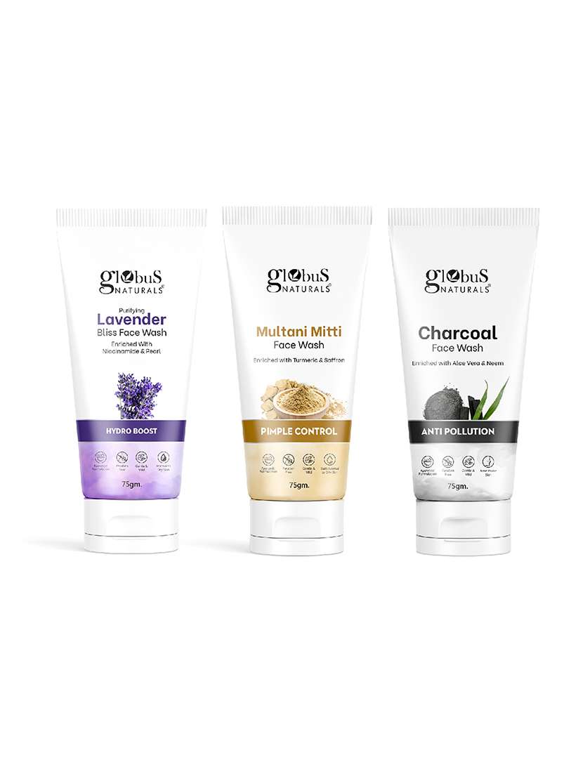 globus naturals face wash combo - set of 3, charcoal , multani mitti  & lavender face wash, 225 gm