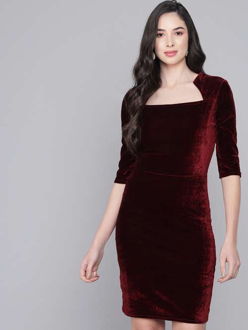 women solid three quarter sleeves bodycon dress - 21285986 -  Standard Image - 0