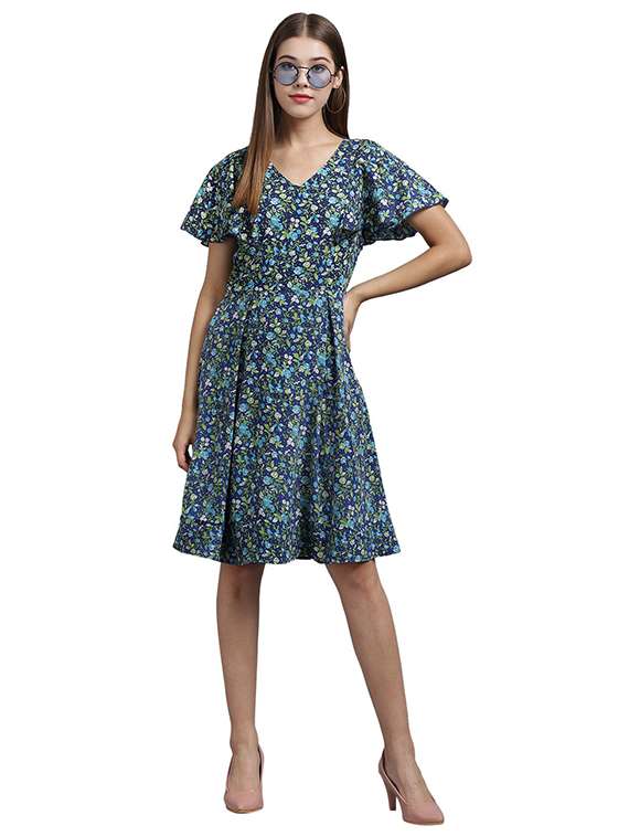 women blue printed crepe a-line dress