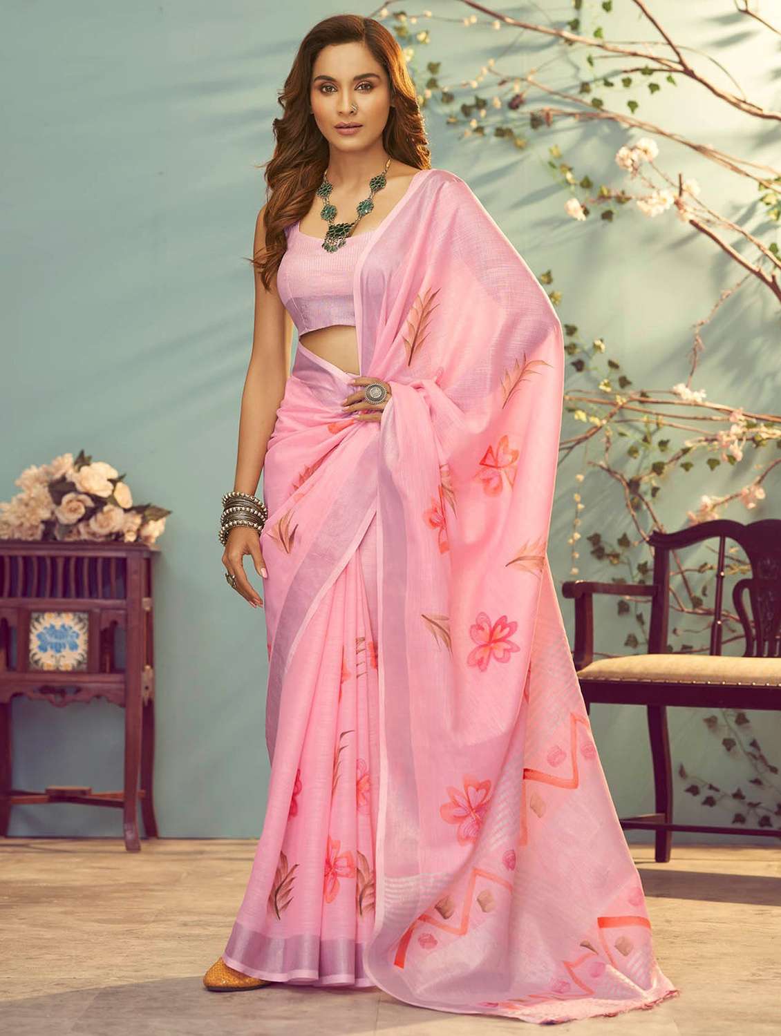 pink floral print saree with blouse