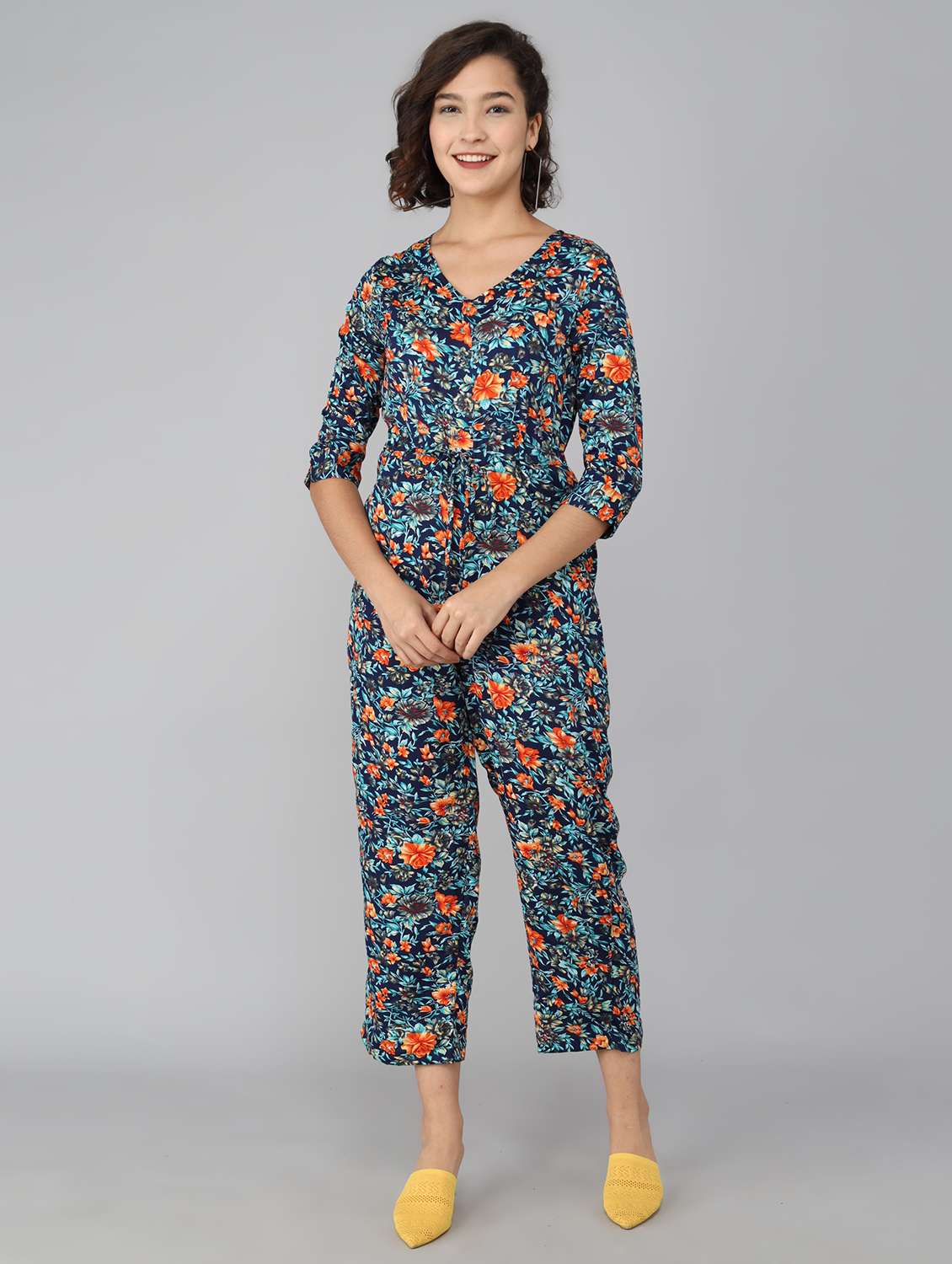 women blue printed crepe full leg jumpsuit