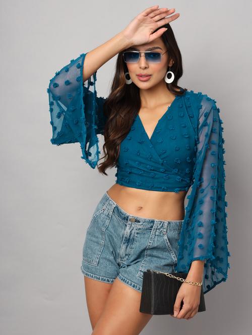teal self design georgette wrap top - 21286793 - Standard Image - 0