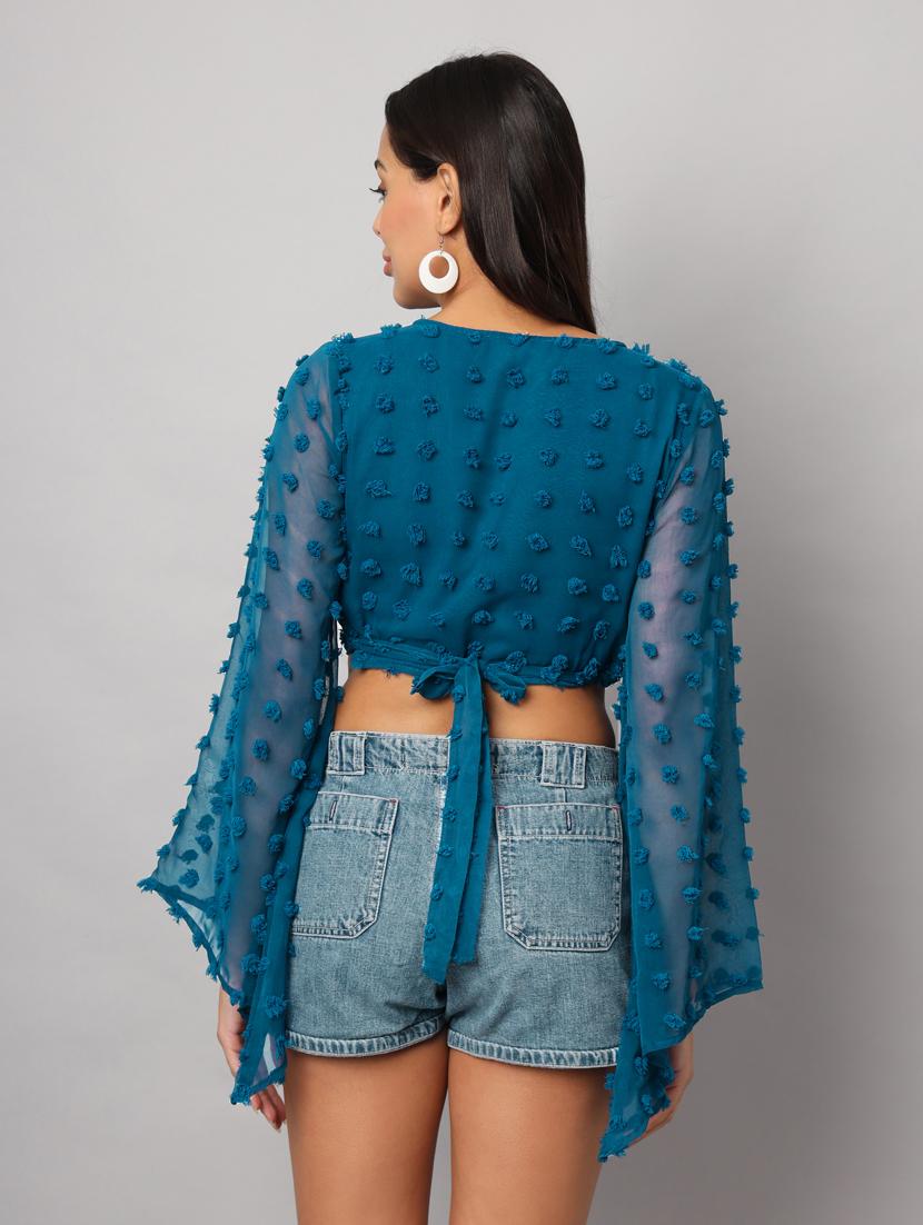 teal self design georgette wrap top - 21286793 - Standard Image - 3