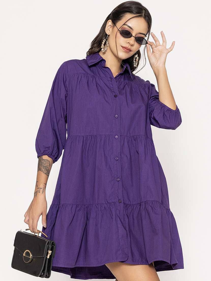 Women Shirt Collar Solid Tiered Dress