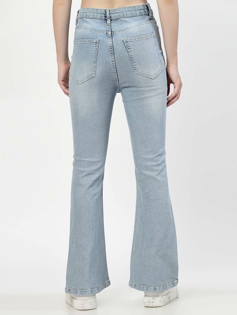 Solid Blue Cotton Bootcut Jeans