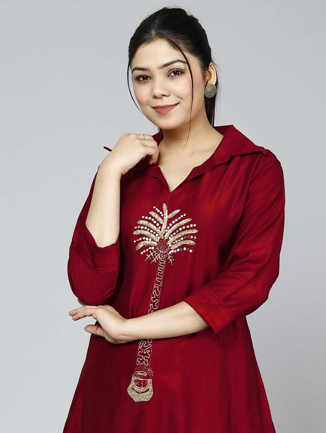 women maroon shirt collar kurta pant set - 21289014 - Standard Image - 3
