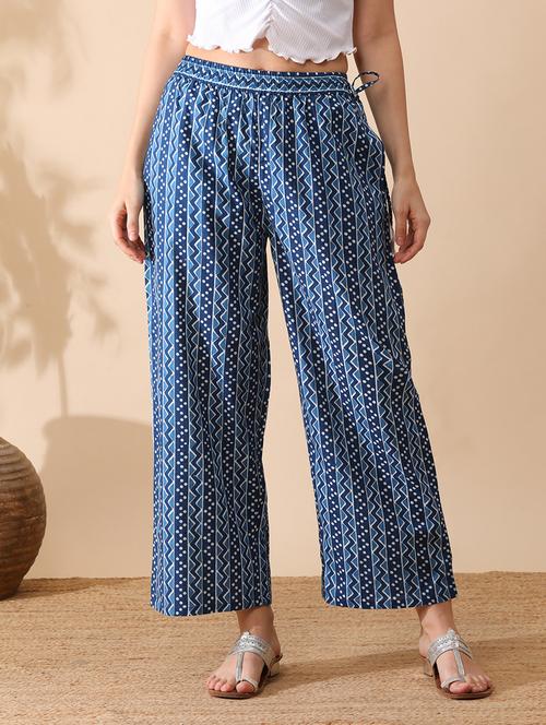 globus women blue all over printed straight palazzo with side tassel drawstring - 21290654 - Standard Image - 0