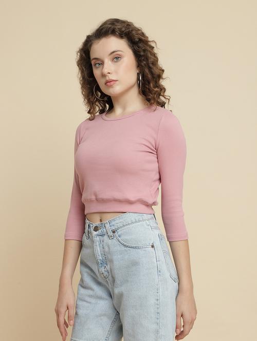 peach cotton blend crop tshirt - 21290771 -  Standard Image - 0