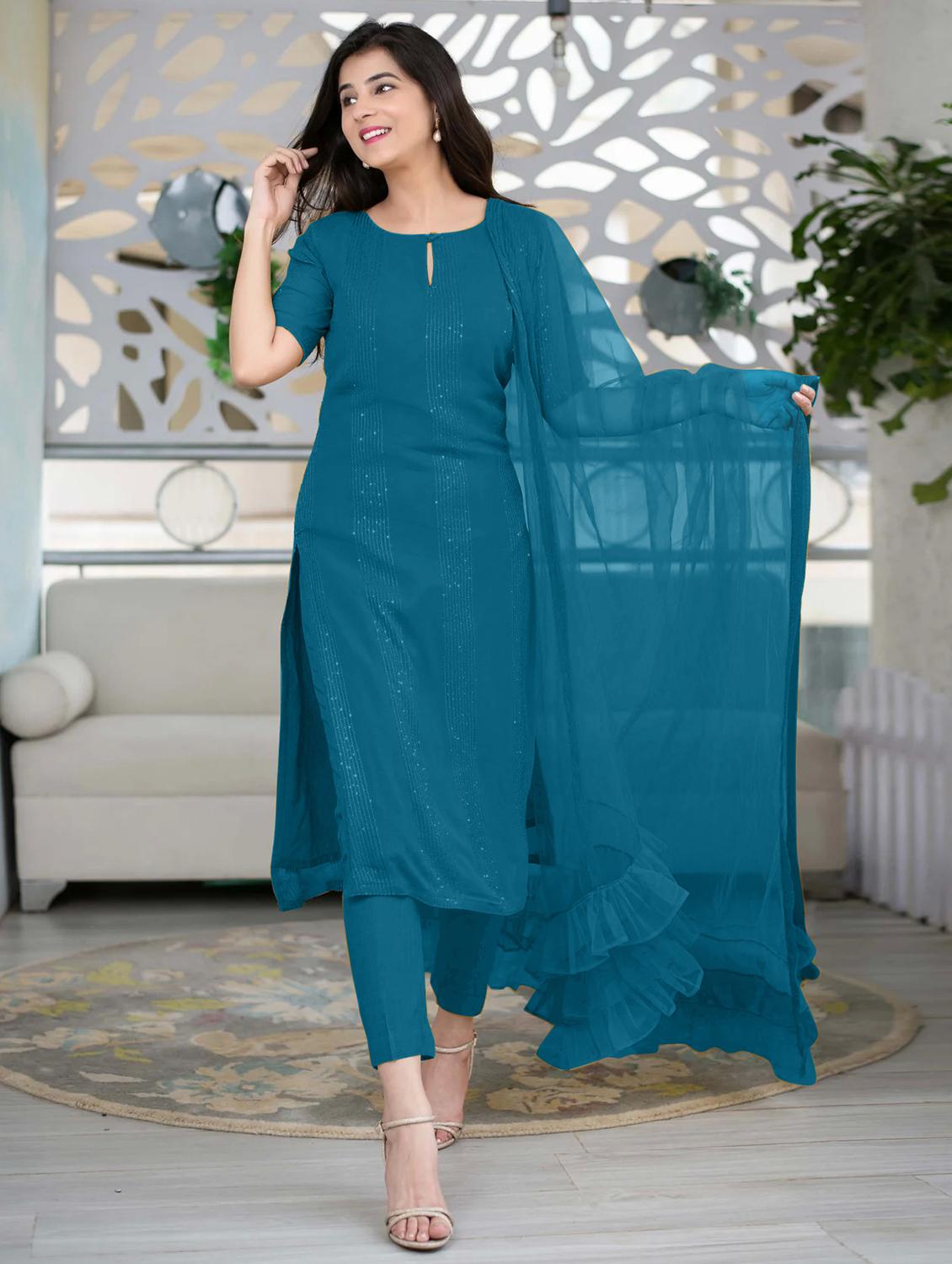 blue self design suit set - 21291018 - Standard Image - 3
