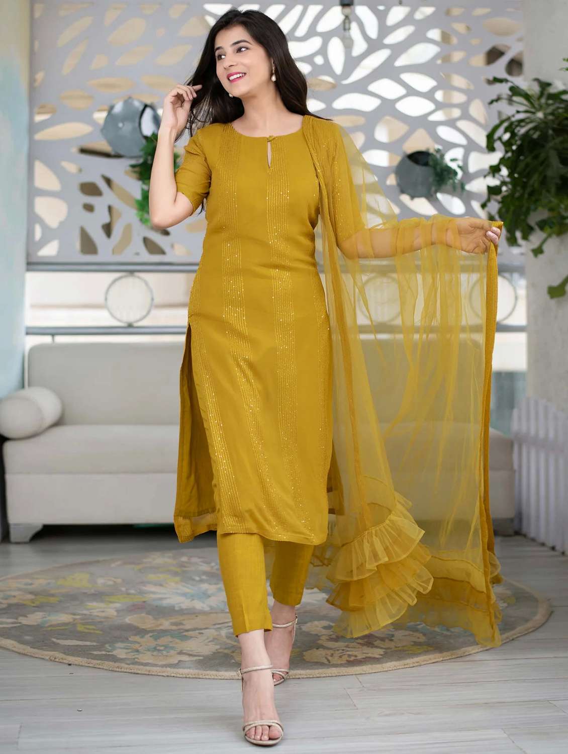 mustard self design suit set - 21291023 - Standard Image - 3